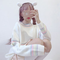 Rainbow Candy Color Sweater Woman Autumn Winter Outwear Streaks Round Collar Loose cover Knitted Sweatshirt Lazy Wind Spring Autumn Blouse