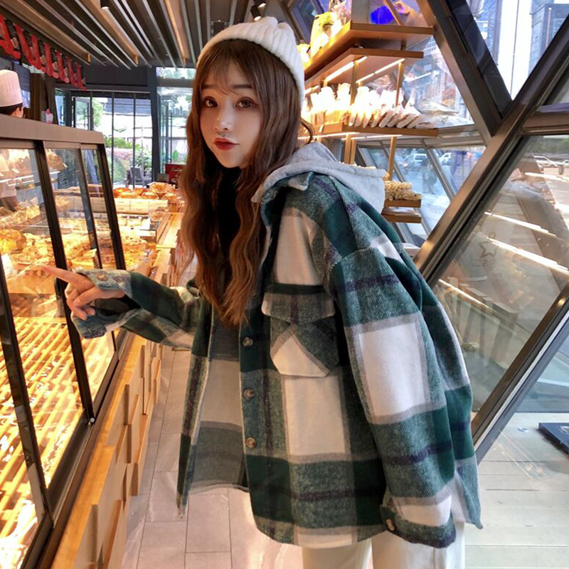 2021 new autumn and winter coat female spring splicing lady plaid students loose Korean version blouses in the spring and autumn