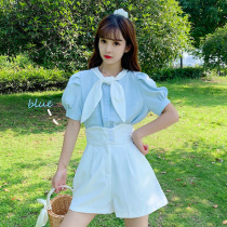 A playful cute suit 2023 new female summer bubble sleeve tops high waist broad legs two pieces