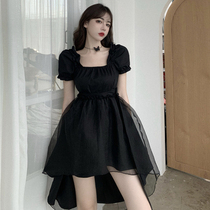 Dark - tired girl dress 2023 new Xia Fairy Black Eugen Yarn Lead Bubble Sleeve High Waist Dress