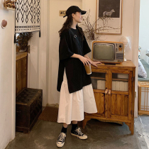 2022 spring and summer new Korean version pure color blouse loose open fork design sensation with long section 100 lap short sleeve t-shirt woman dress