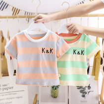 Male baby summer top 2021 new infant childrens clothing handsome boy summer striped letter short-sleeved T-shirt