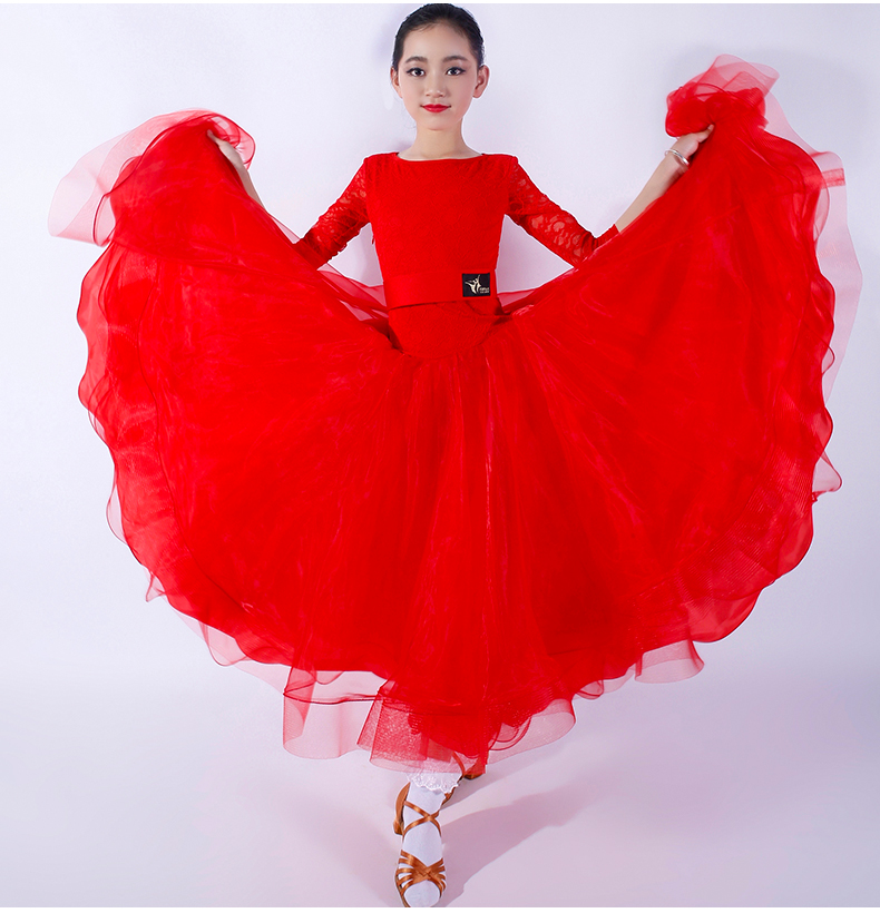 以琳飞儿 蕾丝长袖少儿摩登舞服装fy1087儿童国标舞连衣裙演出服