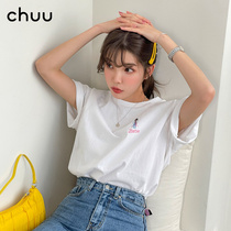 chuu Korea Barbie Barbies joint printed short sleeve T-shirt female round collar 100 lap pure cotton loose blouse