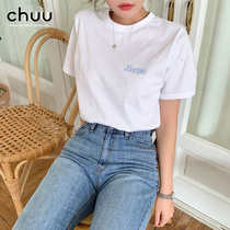 chuu Korea barbie Barbies joint letter printed short sleeve T-shirt female loose round collar 100 lap pure cotton