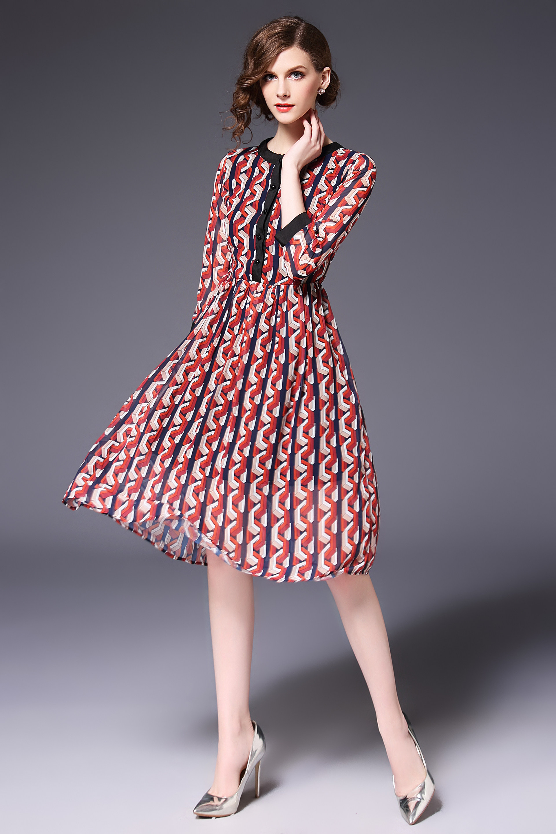 欧洲站2018春季欧美时尚雪纺印花连衣裙 单排扣修身中长款a字裙