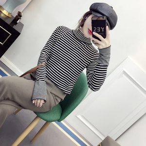 半高领黑白条纹针织衫长袖毛衣女2019春新款韩版修身百搭打底衫薄