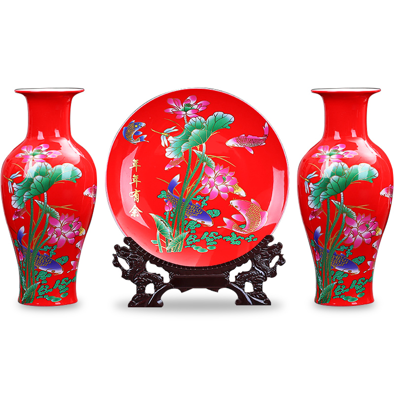 Jingdezhen ceramics China red every year for wining a three - piece vases, hang dish sitting room home furnishing articles