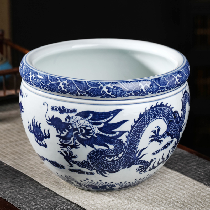 Jingdezhen ceramic blue aquarium large fish basin bowl lotus lotus lotus tortoise cylinder goldfish bowl sitting room