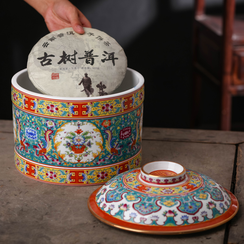 Jingdezhen ceramic colored enamel caddy fixings wake pu 'er tea cake jar with cover seal moisture large storage tank