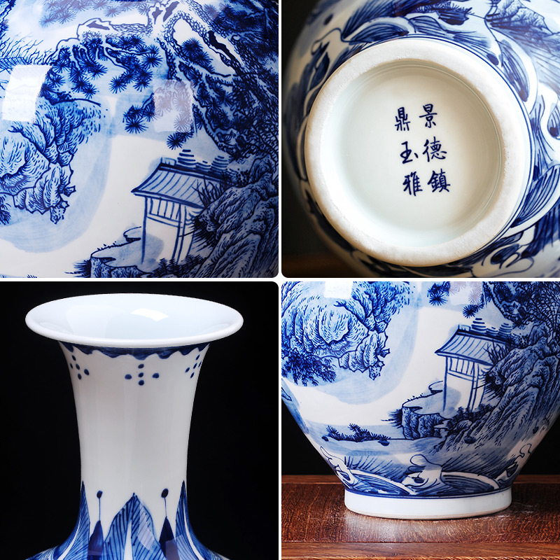 Jingdezhen ceramics manual landscape paintings of blue and white porcelain vase flower arranging new Chinese style living room home furnishing articles