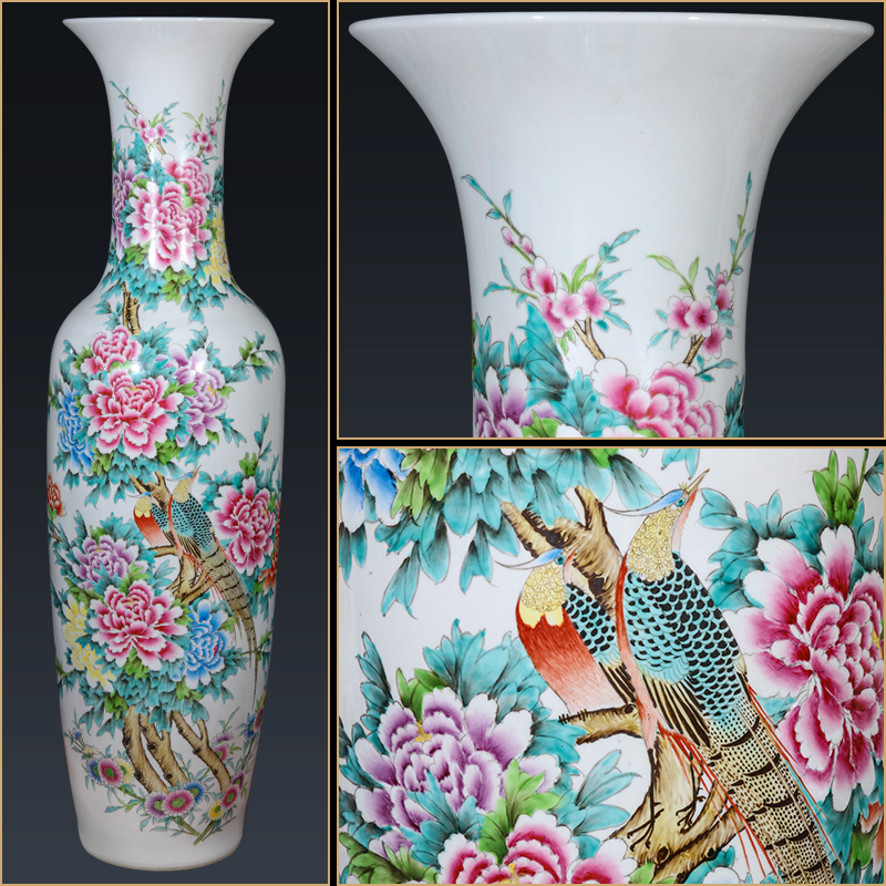 Jingdezhen ceramics hand - made pastel peony of large vase to heavy large Chinese style villa hotel housewarming