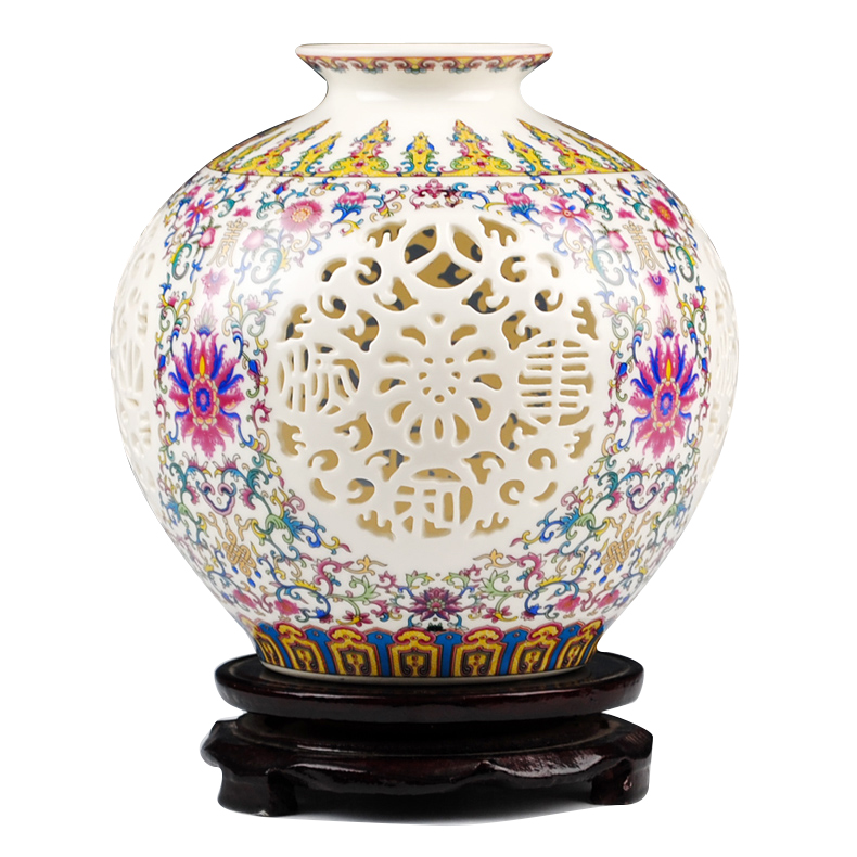 Jingdezhen ceramics powder enamel hollow out thin foetus pomegranate vase household adornment handicraft furnishing articles of I sitting room