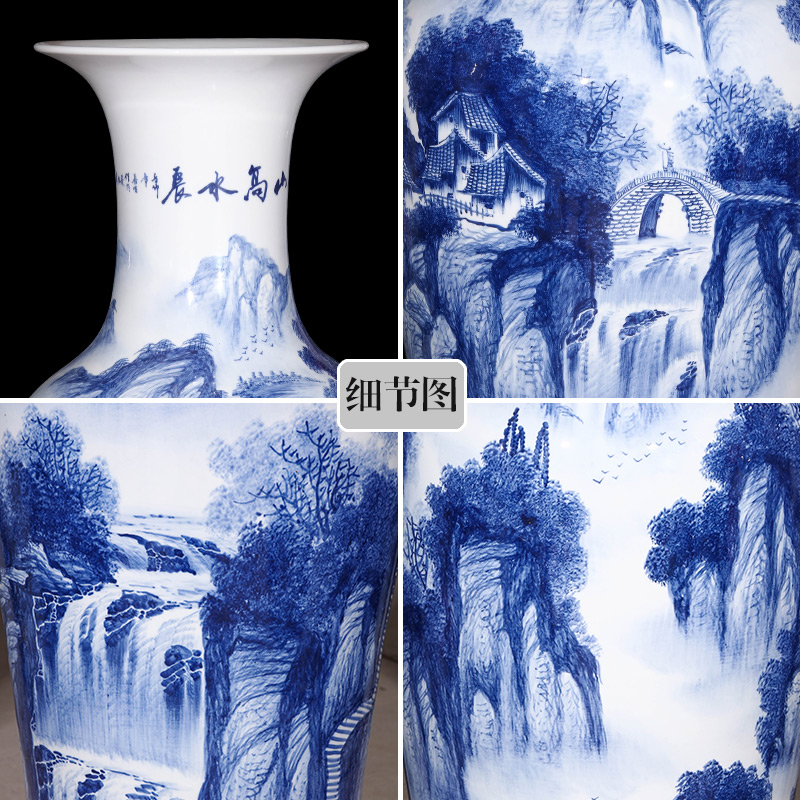 Jingdezhen ceramics hand - made landscape painting of large blue and white porcelain vase Chinese style living room TV cabinet porch place