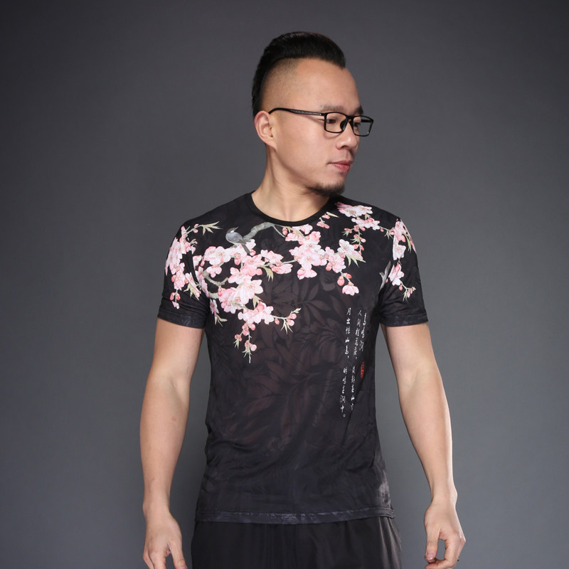 中国风花t恤男士花鸟印花小清新文化衫短袖t恤男装民族风半袖