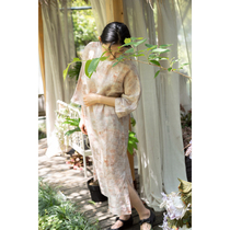 Abstract print improved Chinese size loose dress silk linen fabric