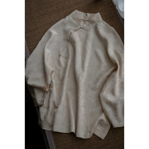 Large size spot Chinese improvement) traditional peony jacquard apricot color full cardigal cotton hemp loose top