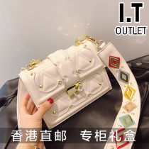 Hong Kong leather Women bag fashion wide shoulder strap with diamond rivet tide Joker cowhide leather small square bag shoulder shoulder bag