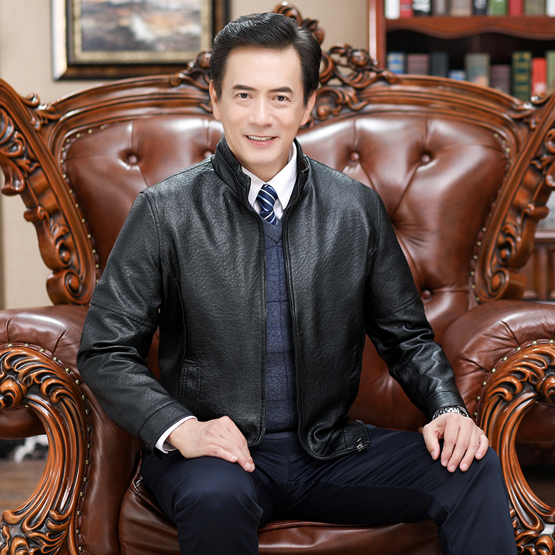 满489元可用440元优惠券爸爸皮衣加绒加厚款男装冬装外套冬季中年男士休闲中老年人皮夹克