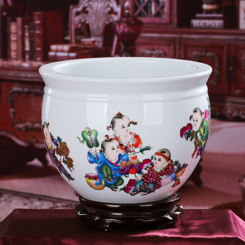 Jingdezhen ceramics basin of water shallow tank cylinder water lily tortoise wine cabinet desk decoration handicraft furnishing articles in the living room