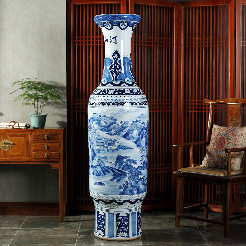 Jingdezhen blue and white landscape of large ceramic hand - made vases hall hotel opening gifts sitting room adornment is placed