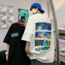 European and American oil painting short sleeve t-shirt male summer tide card ins loose 100 lap pure cotton oversize couple half sleeve trend