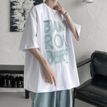 Summer Tide Cards Ins Spray Paint Letters Short Sleeve T-Shirt Male Loose Pure Cotton 100 Hitch Hip Hop Lovers Half Sleeve Trend Clothes