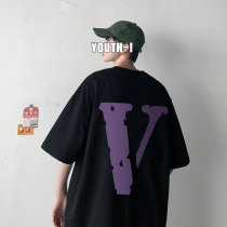 V Alphabet Back Printed Short Sleeve T-Shirt Male Summer Tide Signs Ins Loose Big Code Couple Half Sleeve Trend Clothes