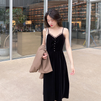 Princess paired with suit harness with dress dress lady Spring and autumn 2021 new v collar temperament collection waist gold velvet long dress