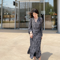 Princess Broken Flowers Snowspun dress for women Spring Summer days 2021 New lacing temperament v collar Long sleeves black long dress