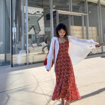 Princesss red snowspun broken flowers with sunscreen sling one-piece dress and dress lady 2022 new temperament slim long dress