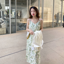 Princess paired with suit harness with dress and dress female summer v collar open fork loose temperament green crushed snow-spun long dress