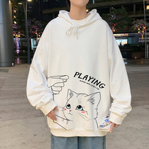 Autumn thin hooded sweater mens coat kitten eat fish print plus size sweatshirt pullover loose top mens