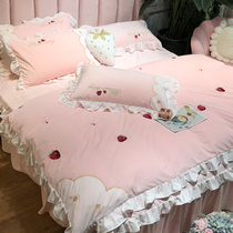 Bed skirt delicate girl heart baby velvet bed four-piece crystal velvet winter milk coral velvet strawberry quilt cover