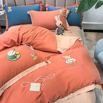 Cartoon bear caramel four-piece childrens pure cotton thickened brushed cotton cute bow quilt cover