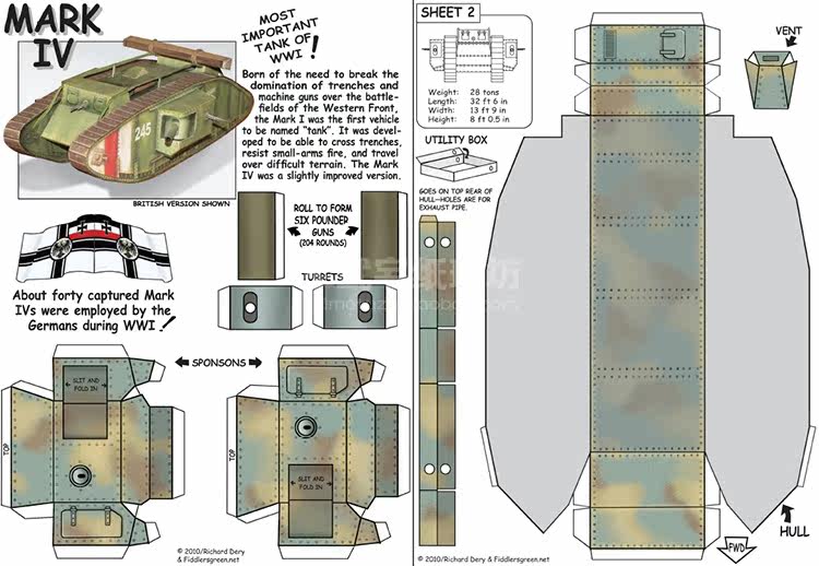 英国mark iv雌性坦克 纸模型 一战坦克模型 手工diy 纸艺作业