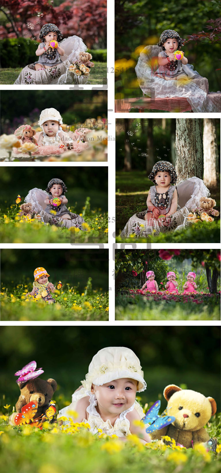 宝宝婴儿百岁满月照ps精修图调色3d合成换可爱卡通背景底色寸照片