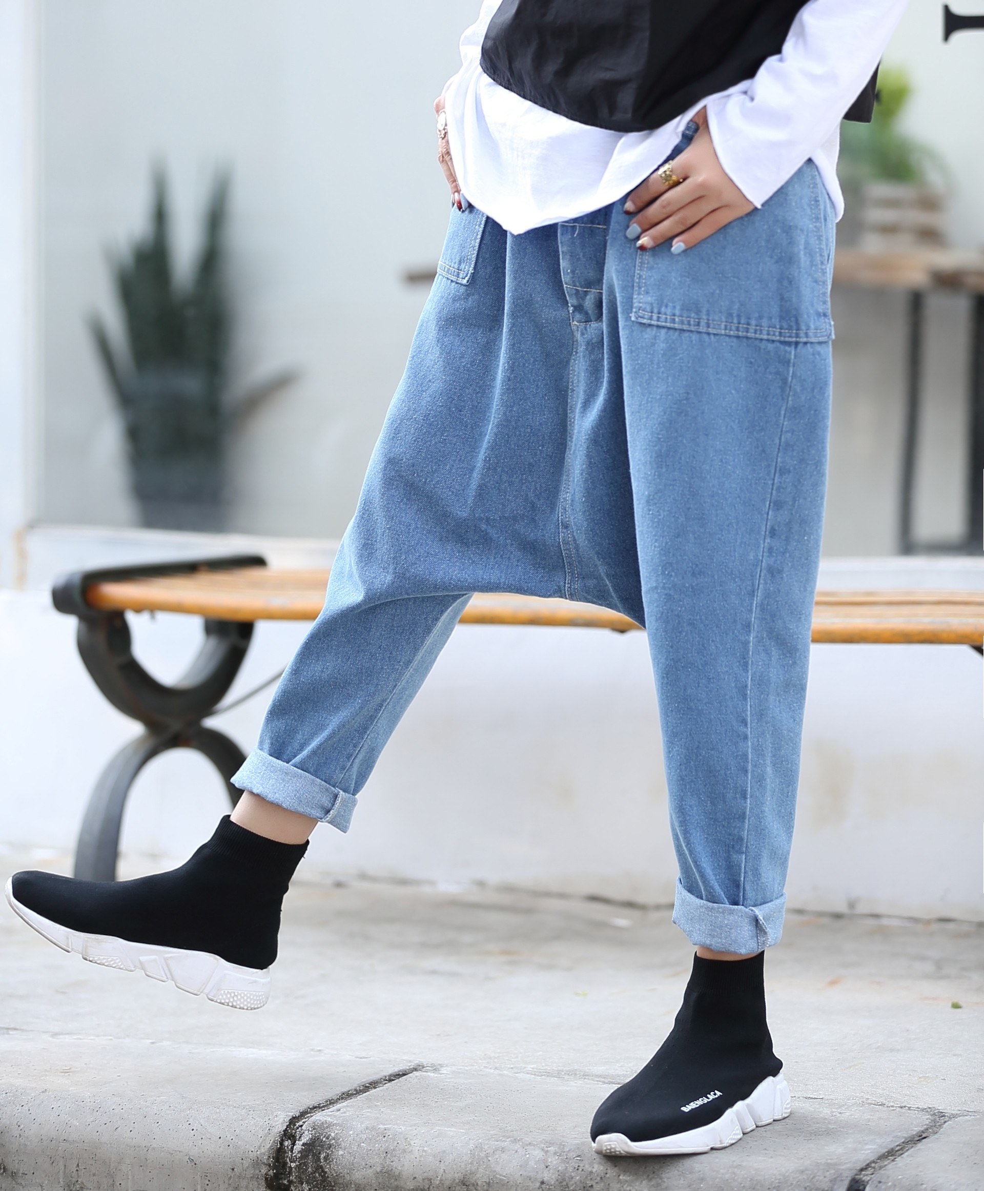 实拍新款流浪个性吊裆洗水牛仔9分裤宽松舒适垮裤女