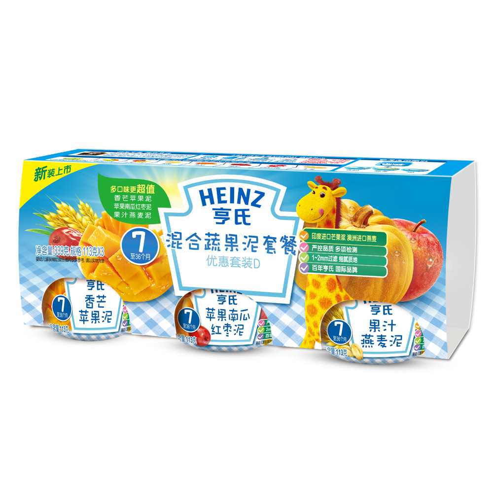 Heinz亨氏佐餐泥荤素搭配组合(含DHA)鱼泥肉泥果泥12瓶 婴儿辅食产品展示图2