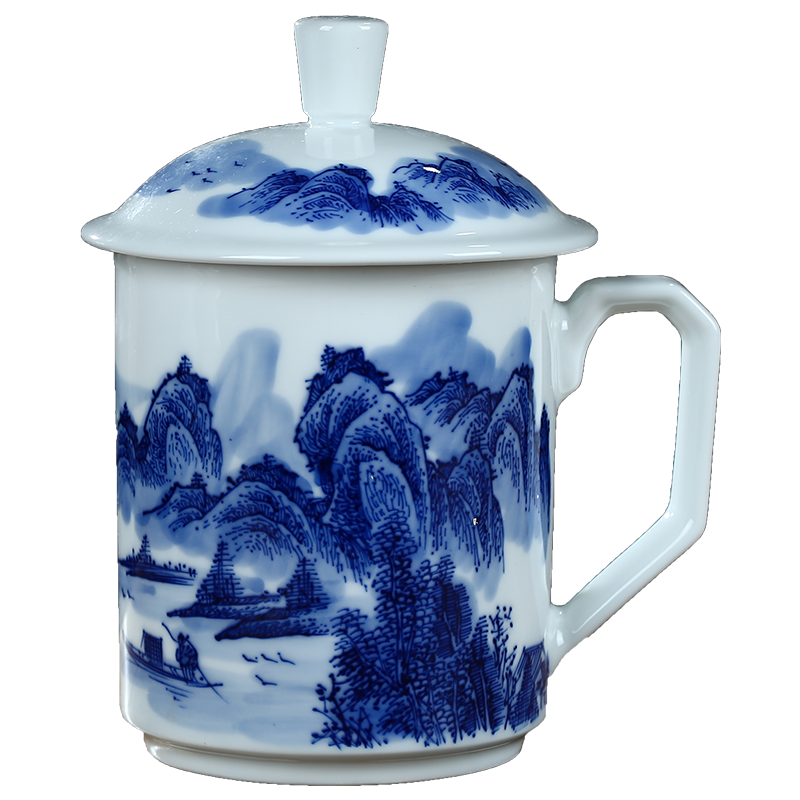 Jingdezhen ceramic cups with cover double anti hot tea cup hand - made of blue and white porcelain cup boss office glass cup