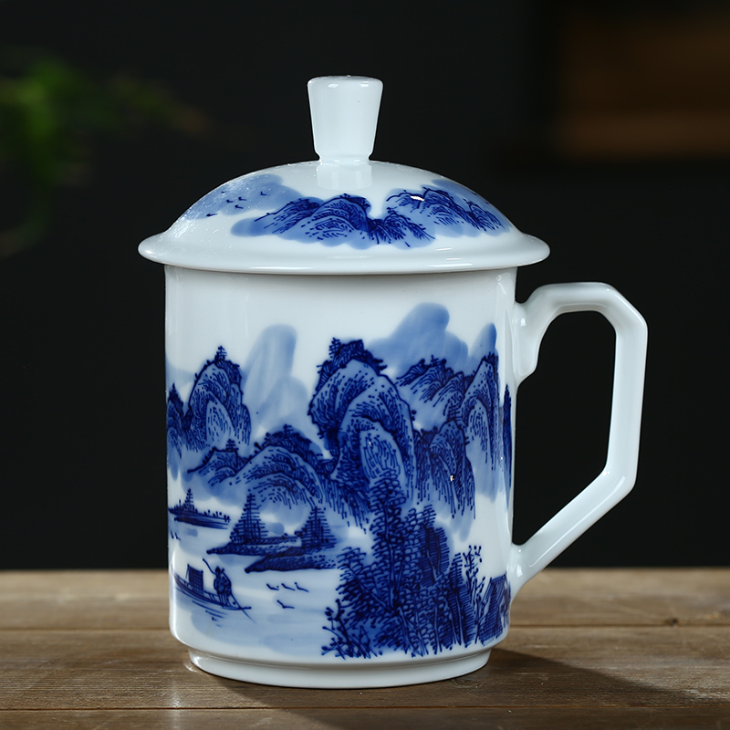 Jingdezhen ceramic cups with cover double anti hot tea cup hand - made of blue and white porcelain cup boss office glass cup