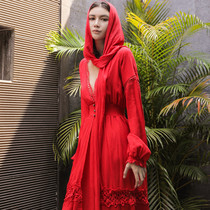 Qinghai Lake Tea Card Salt Lake Tour Grassland Desert Long Skirt Vintage Ethnic Cotton Red Resort Beach Skirt