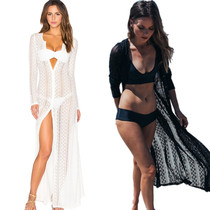 Vacation Sunscreen White Black Knitted Sweater Bikini Blouse Cardigan Medium-length dress Beach Skirt