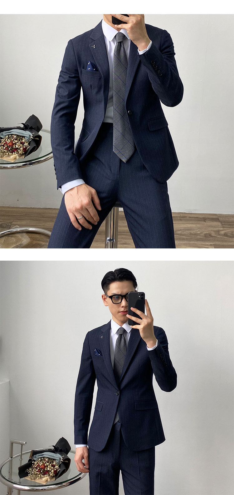 自拍风韩版西服两件套男士修身英伦西装套装时尚p220