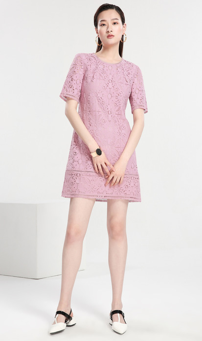 菲拉格慕flair哪年款 商場同款菲妮迪女裝2020年夏季新款優雅蕾絲A字裙 短袖鏤空連衣裙 菲拉格慕fig