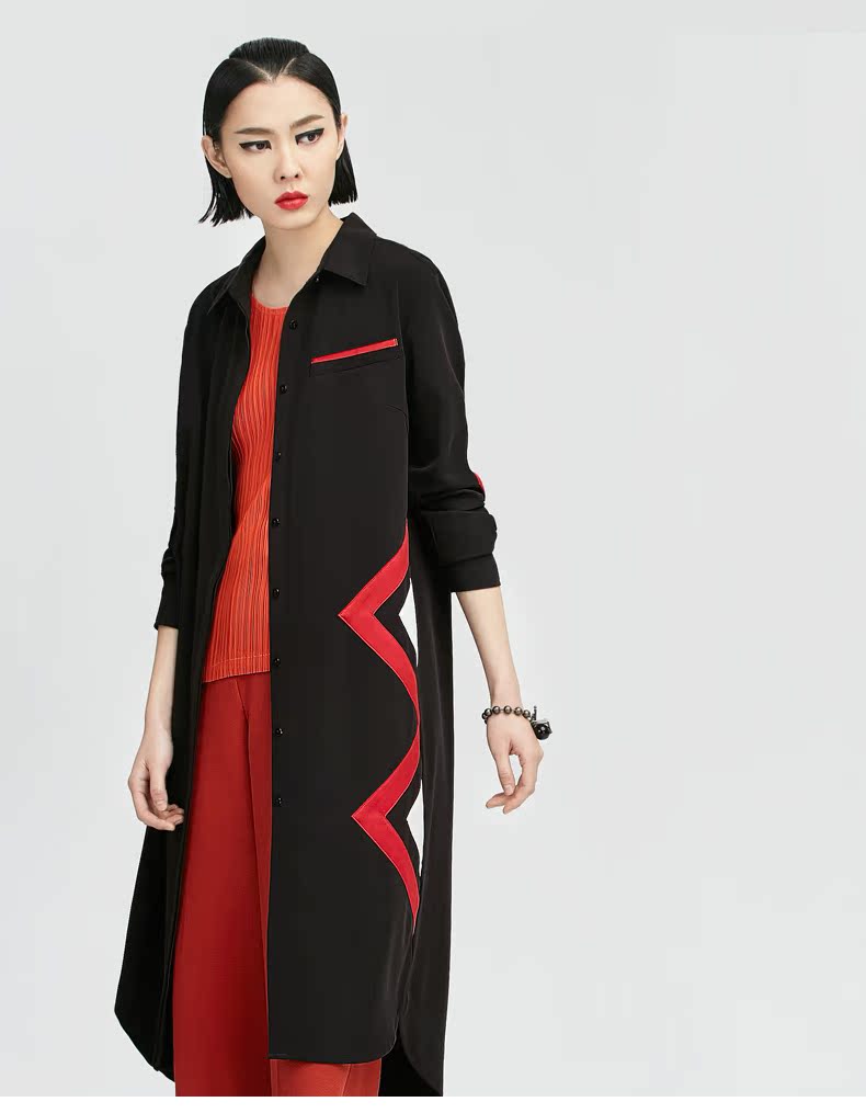 初语 女装中长款衬衫长袖撞色印花连衣裙9612416029 - 初语旗舰店