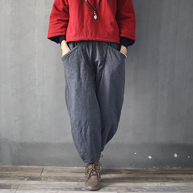 冬季新款复古夹棉长裤加厚宽松休闲松紧腰棉裤保暖显瘦灯笼裤女_7折