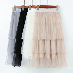 网纱蛋糕裙半身裙女春夏季2017学生显瘦百褶高腰中长款a字蓬蓬裙