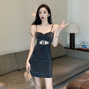 Sexy suspender drawstring cut out pleated Hip Wrap Dress