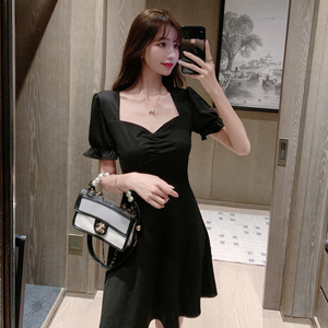 Retro French Bubble Sleeve Black Dress